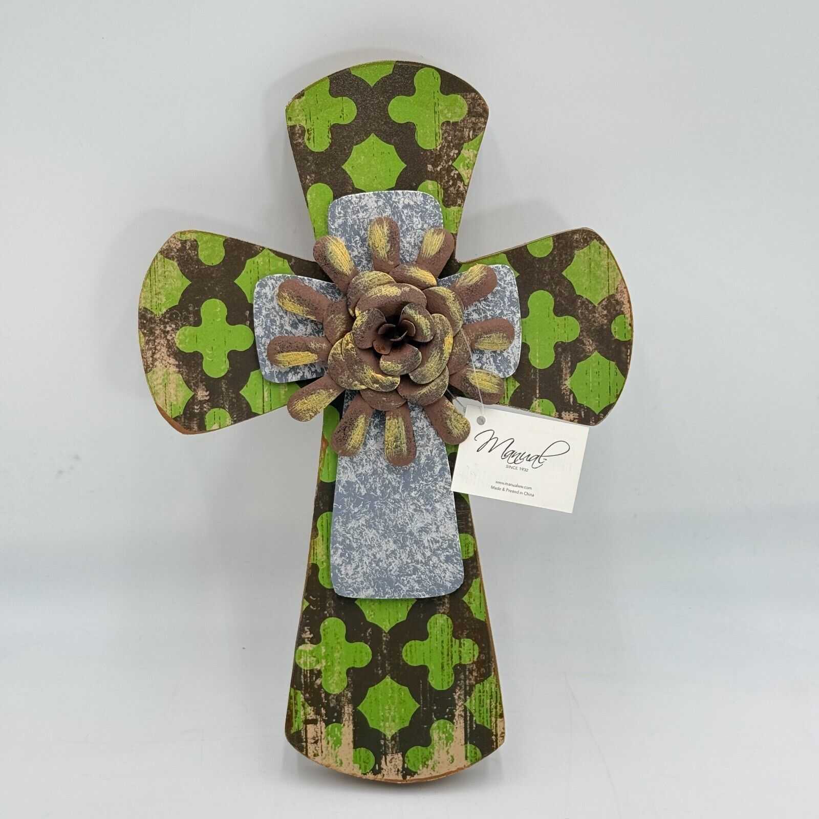 11.5in Wooden Hanging Wall Mount Cross Brown Olive Green Design Metal Rose NWT