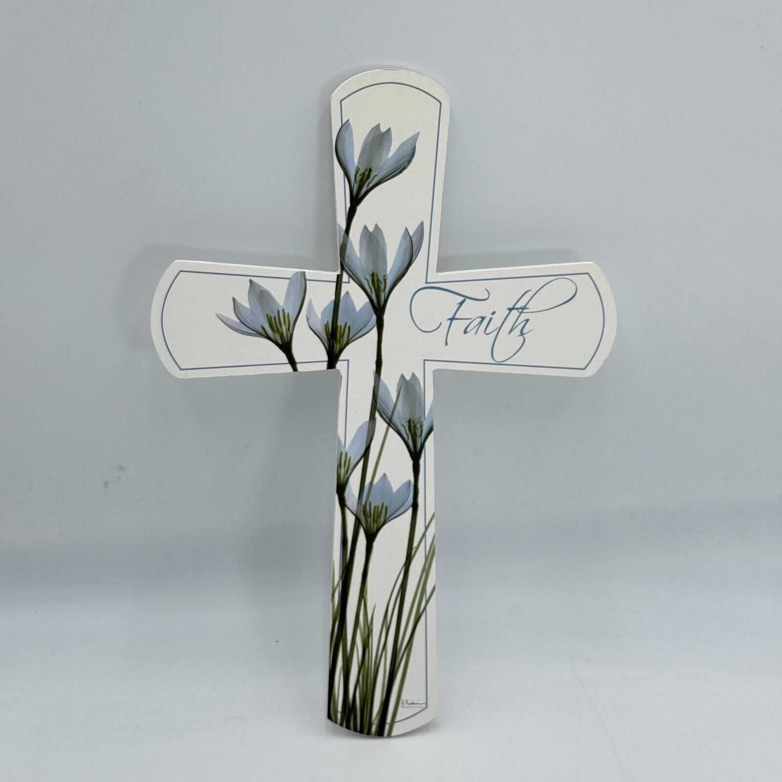 12in Wood Cross Hanging Wall Decor White Blue Flowers Faith NWT