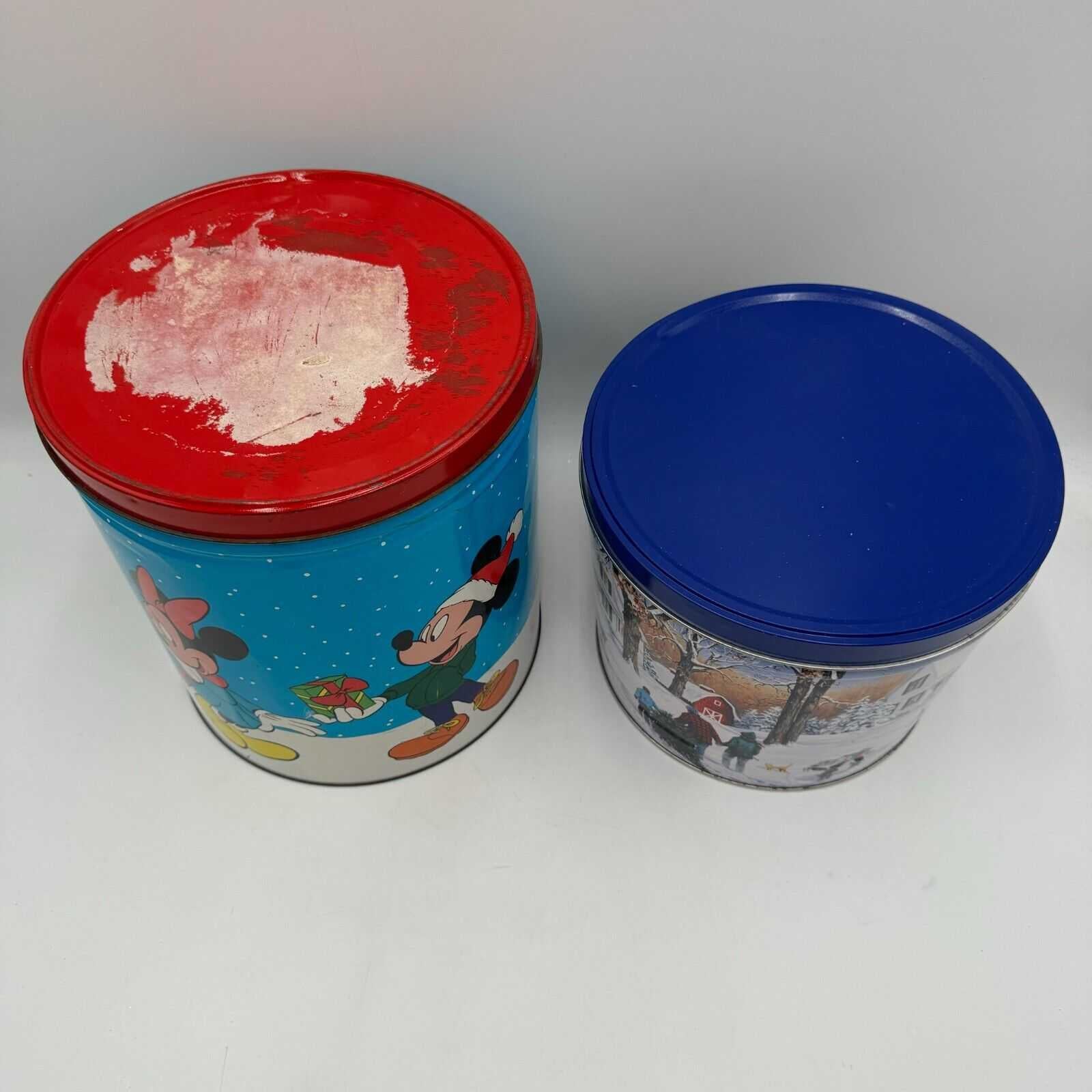 2 Large Christmas Popcorn Tins Snowy Farmhouse 11in Disney Mickey Minnie Donald