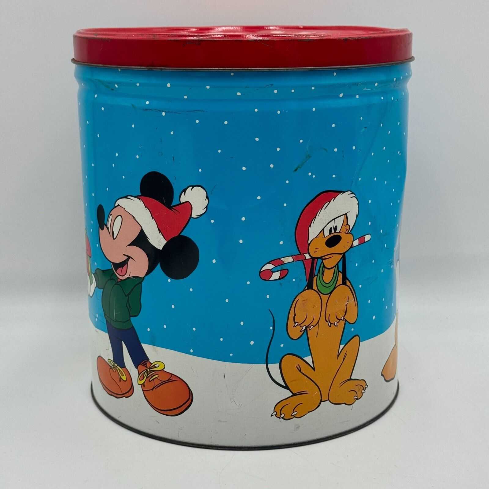 2 Large Christmas Popcorn Tins Snowy Farmhouse 11in Disney Mickey Minnie Donald