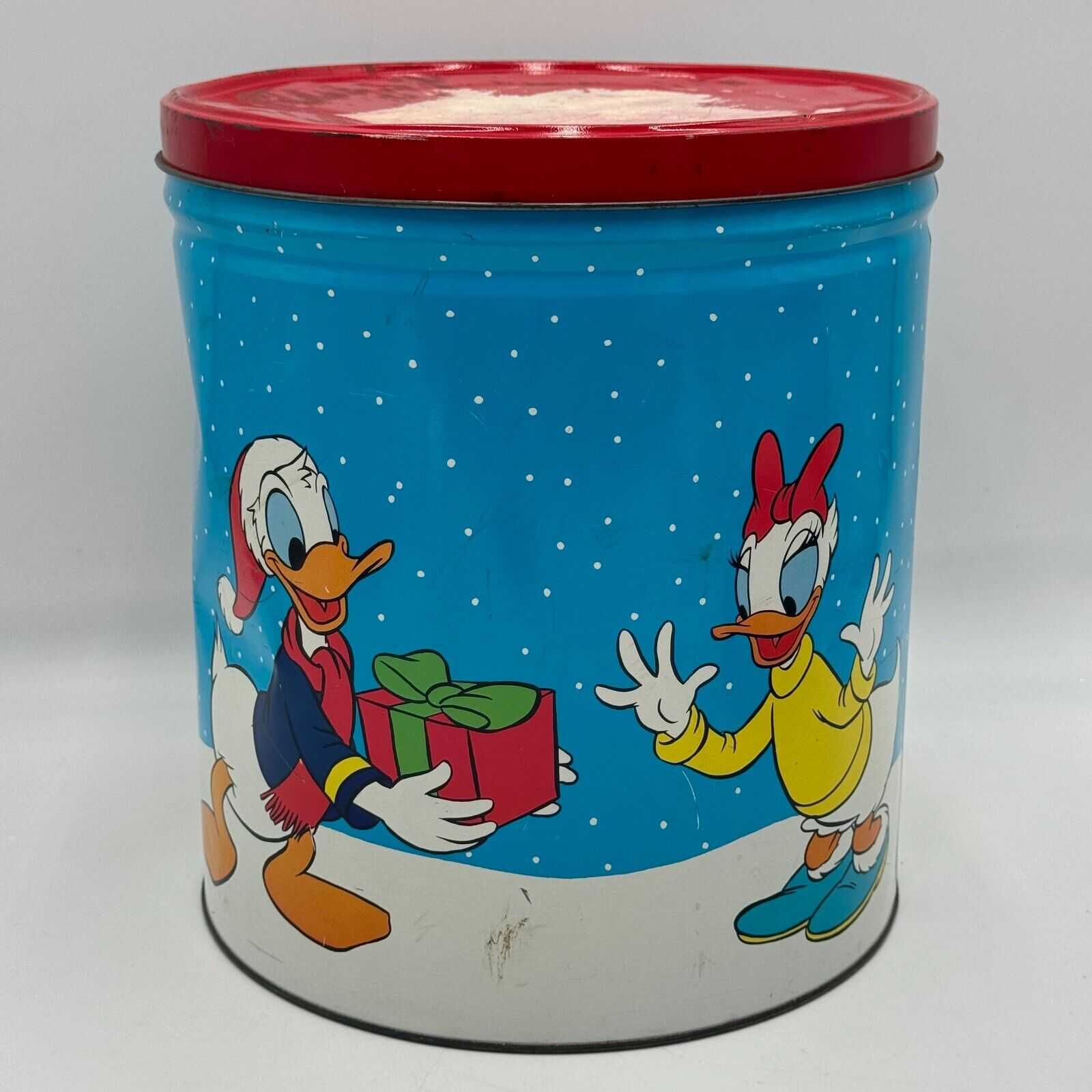 2 Large Christmas Popcorn Tins Snowy Farmhouse 11in Disney Mickey Minnie Donald