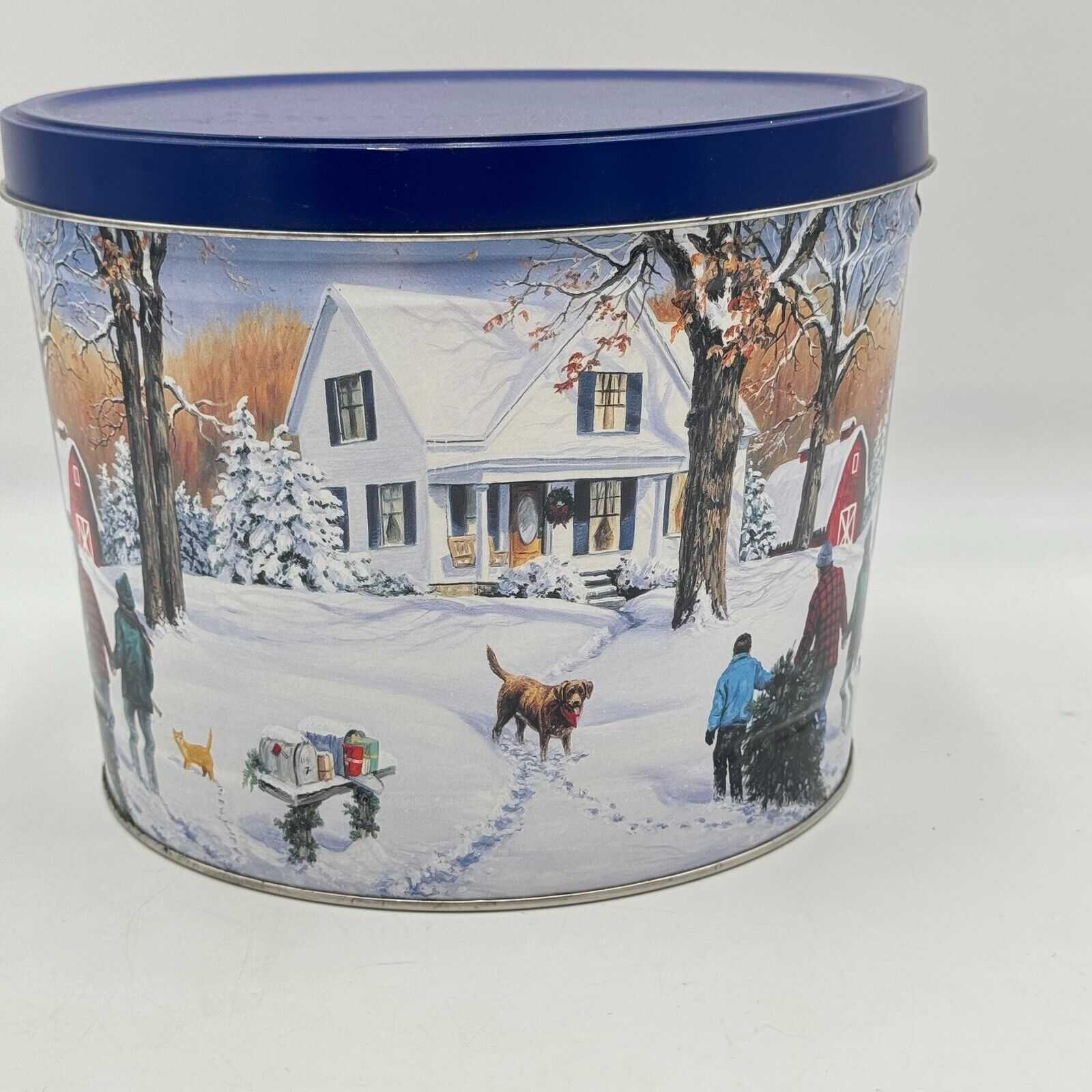 2 Large Christmas Popcorn Tins Snowy Farmhouse 11in Disney Mickey Minnie Donald