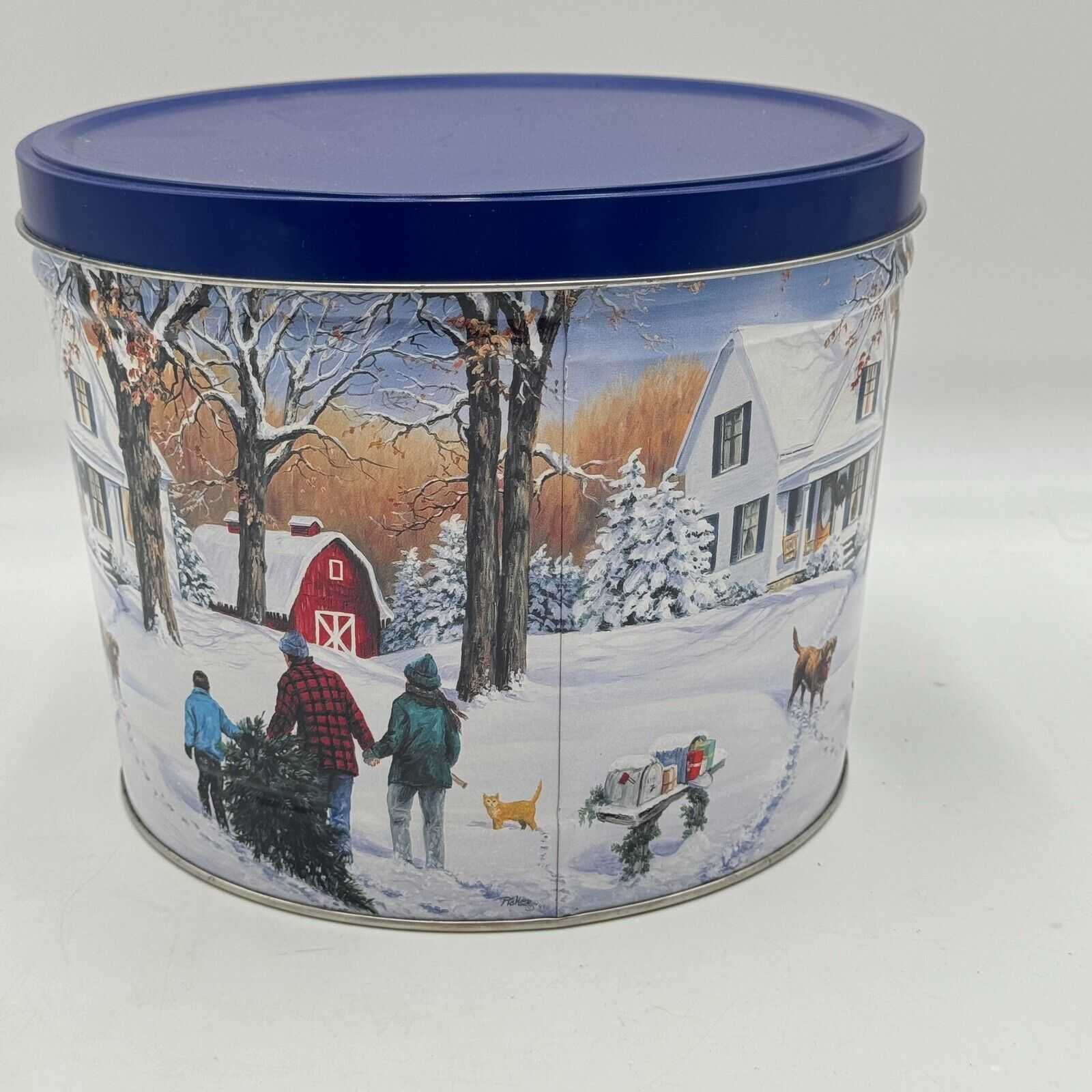 2 Large Christmas Popcorn Tins Snowy Farmhouse 11in Disney Mickey Minnie Donald