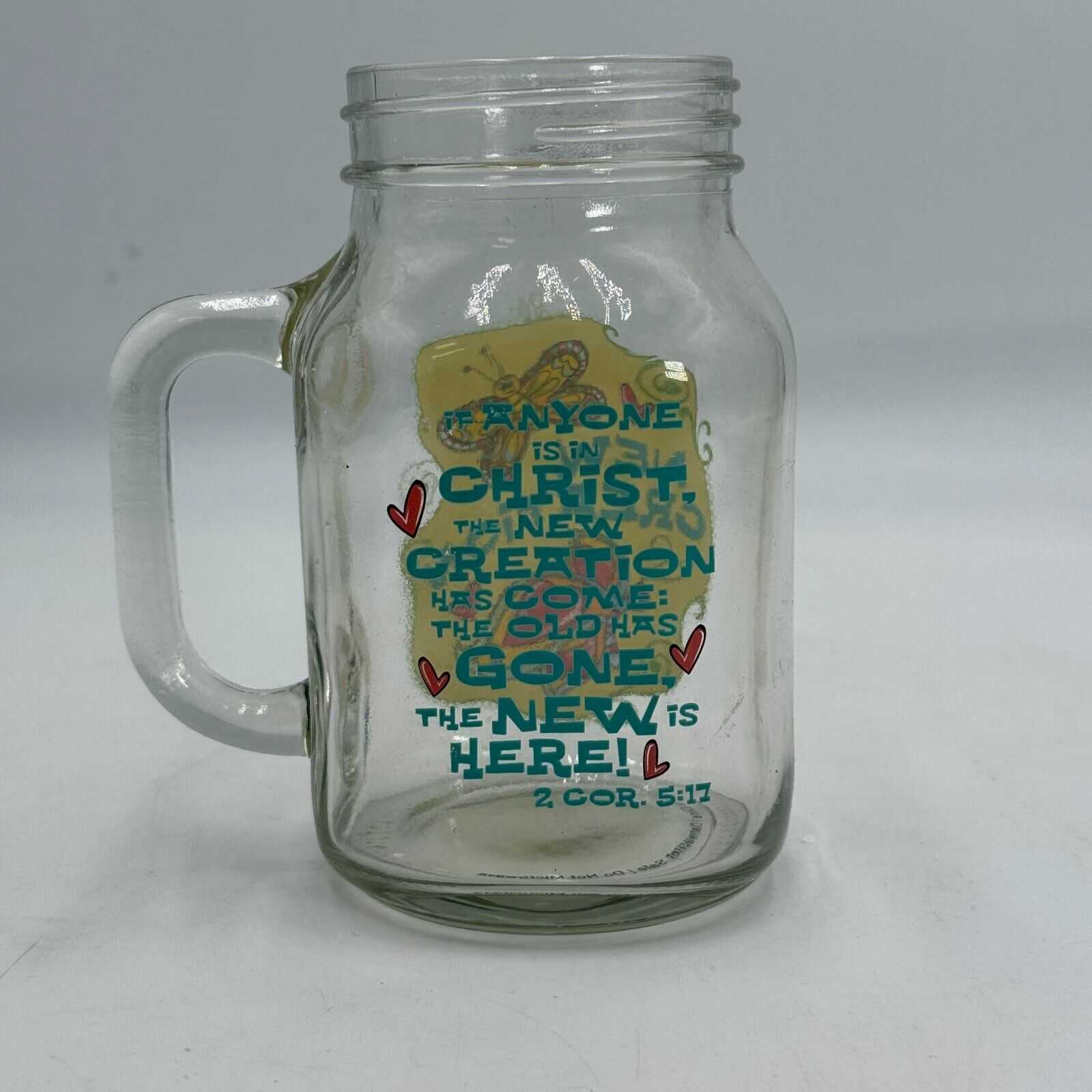 20oz Glass Mason Jar Handled Drinking Mug New Creation Butterfly Bible Verse NIB