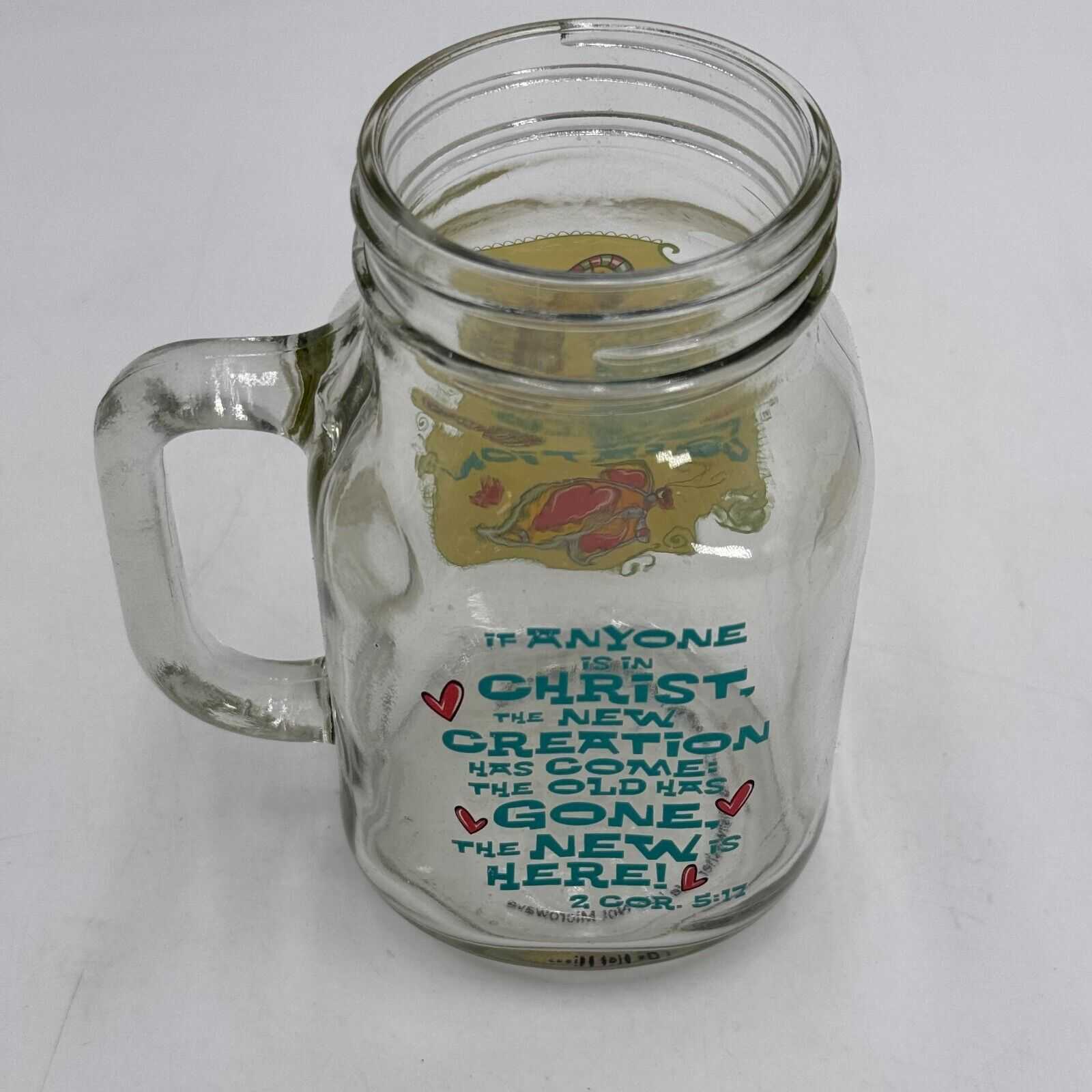 20oz Glass Mason Jar Handled Drinking Mug New Creation Butterfly Bible Verse NIB