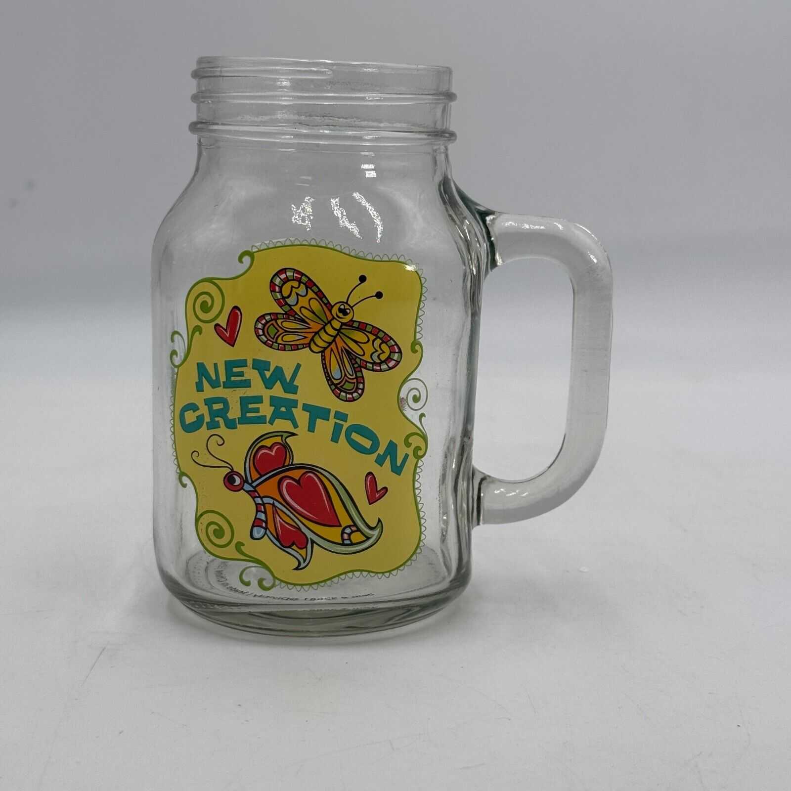 20oz Glass Mason Jar Handled Drinking Mug New Creation Butterfly Bible Verse NIB