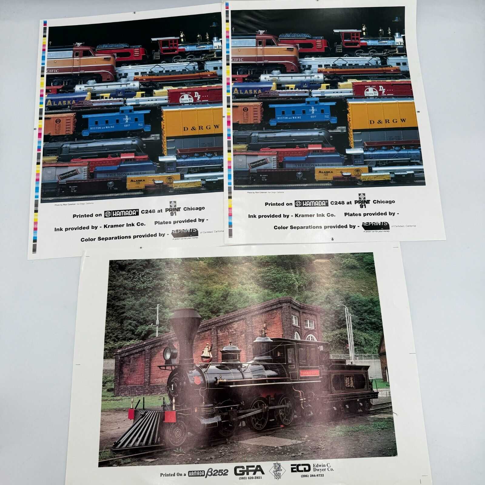 3 Chicago Prints Vintage Locomotive Train & Duplicate Model Rail Car 14x20