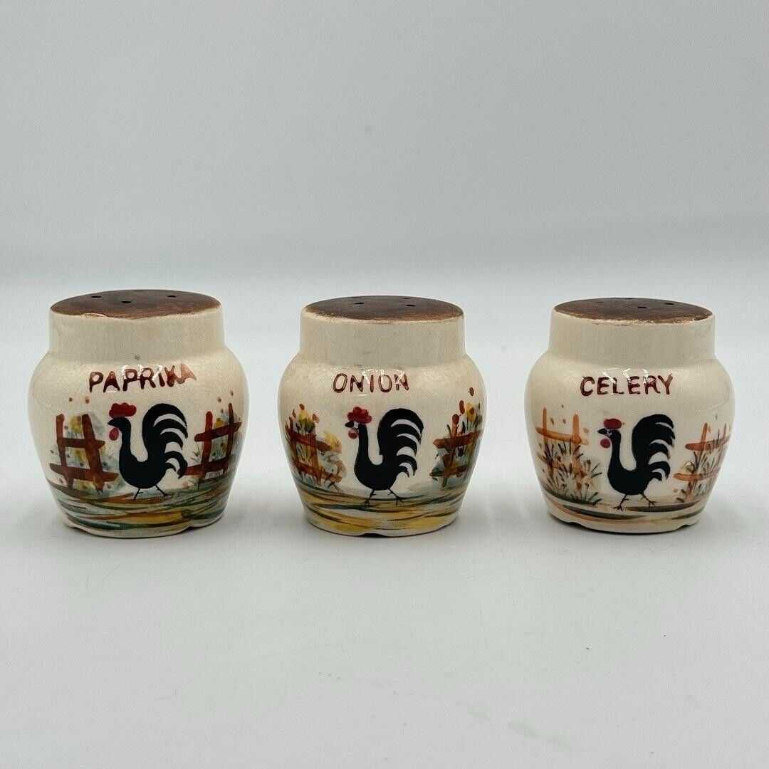 3pc Set Kitchen Spice Shakers Paprika Celery Onion Powder 2.5in Ceramic Rooster