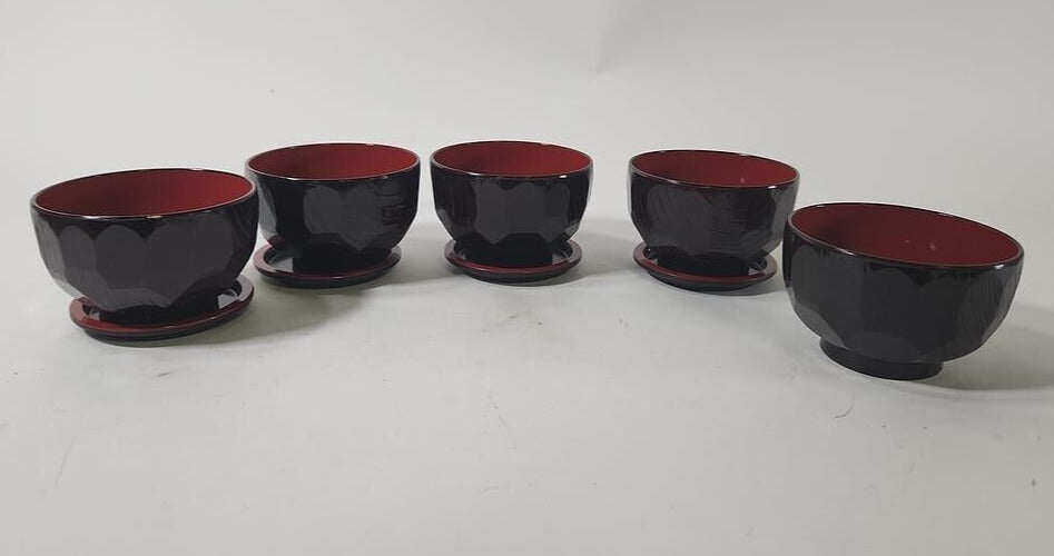 Japanese Set of 5 Crafted Wooden Bowl Set With Plastic Lacquered Miso Soup Rice