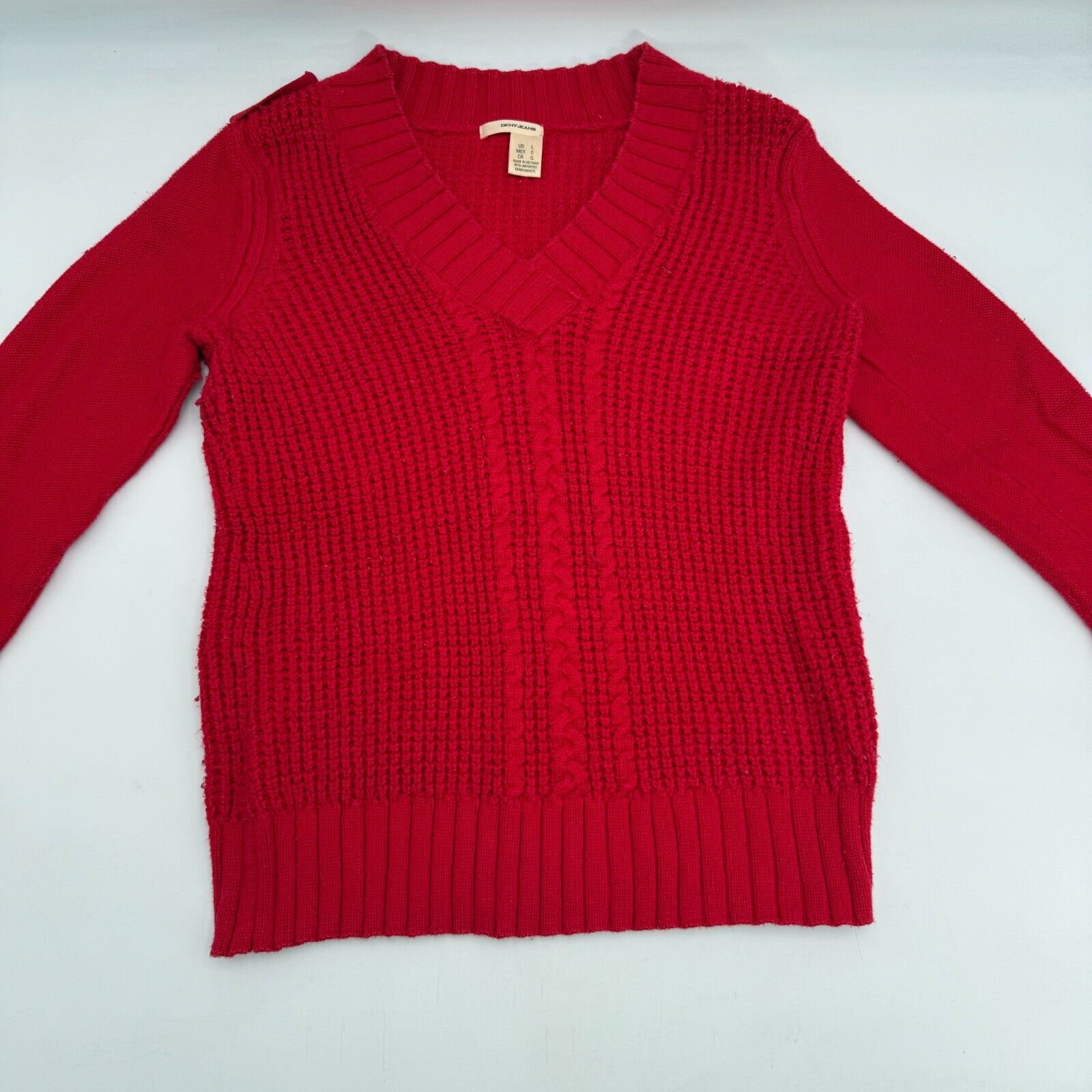 DKNY Sweater Red Pullover V-neck Ribbed Edges Cord Knitted Women’s Size Large US