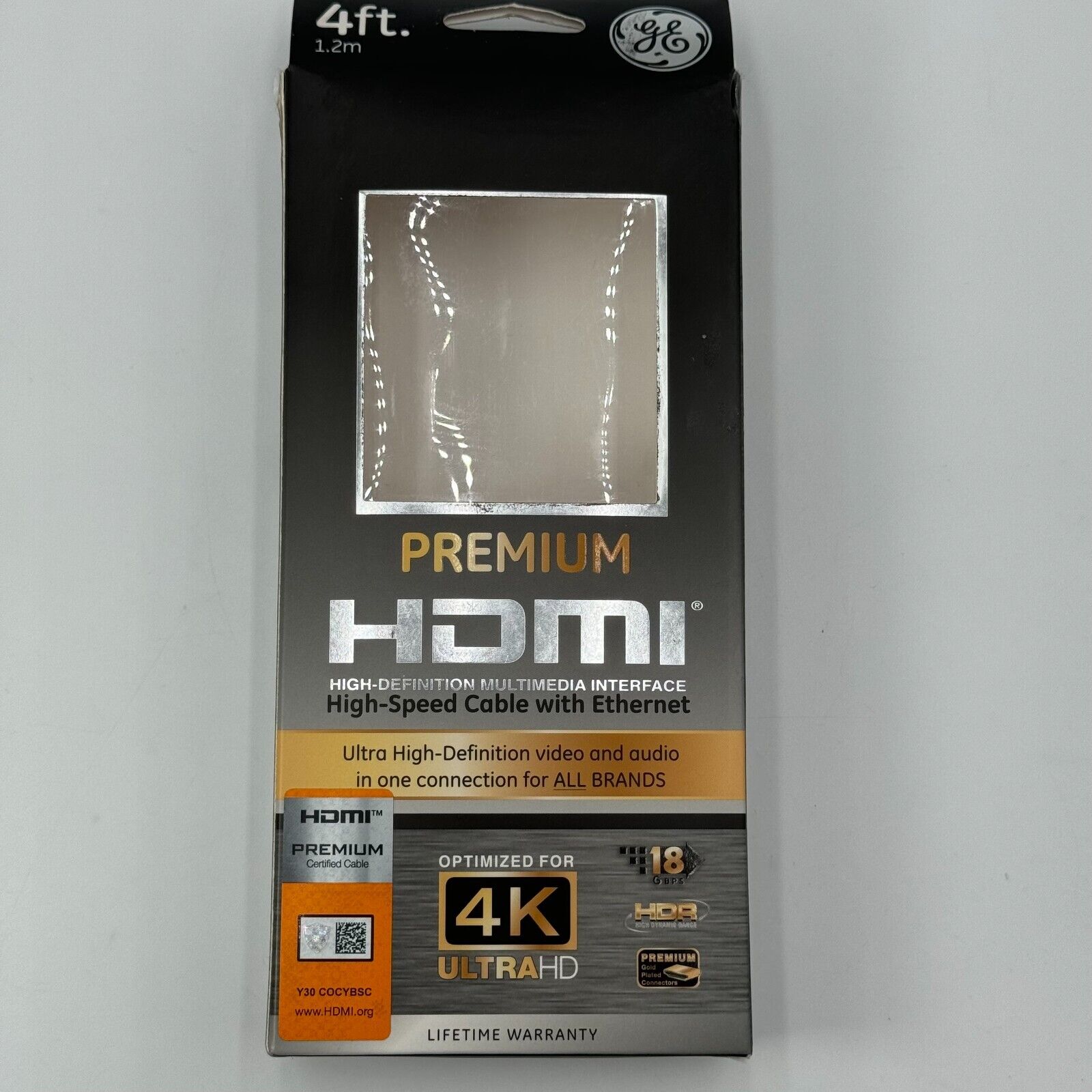 GE 4' Premium HDMI High-Speed Cable with Ethernet 4K Ultra HD 18GBPS Gold Plate
