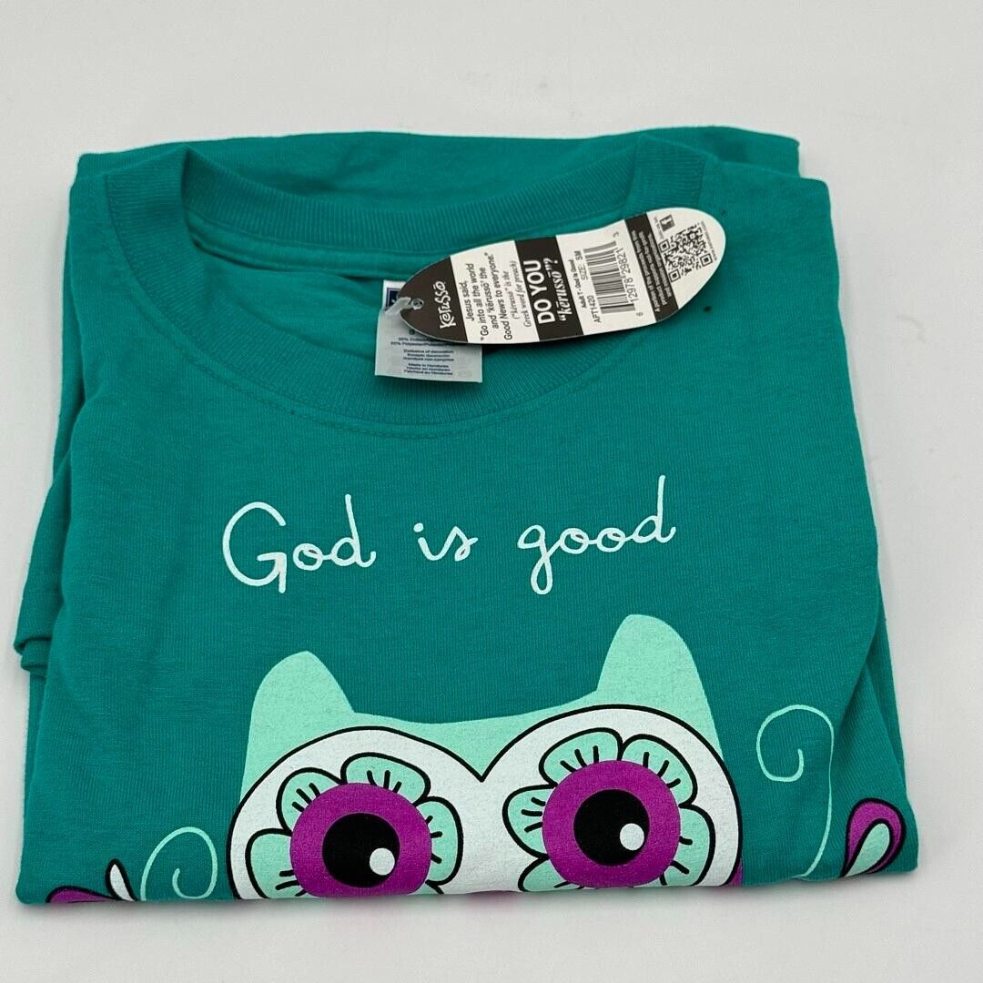 Small Adult Kerusso Green Purple Turquoise Owl God is Good Christian T-Shirt NWT