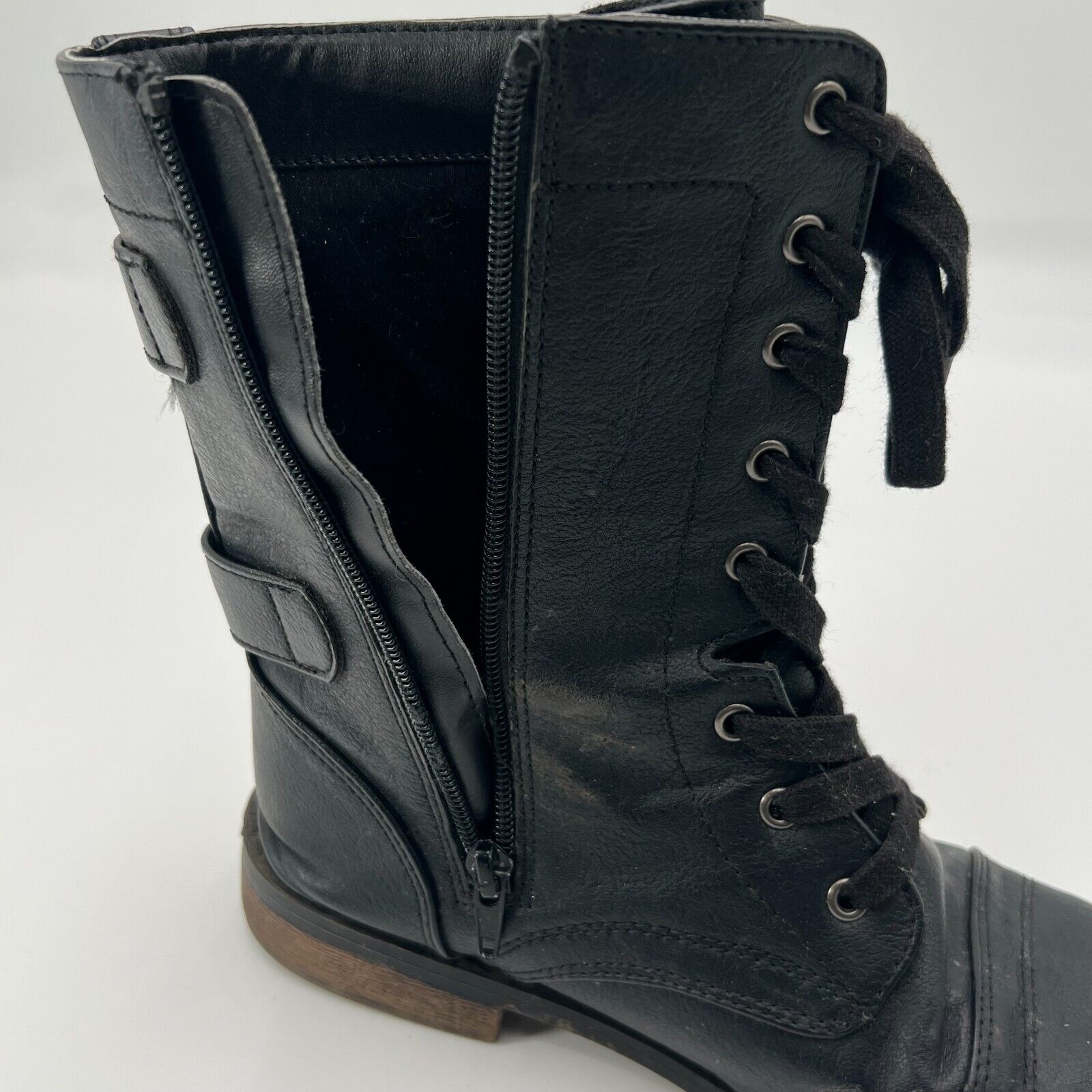 Self Esteem Metro Games Black Combat Boots Lace Up Zipper Buckles Women's Size 8