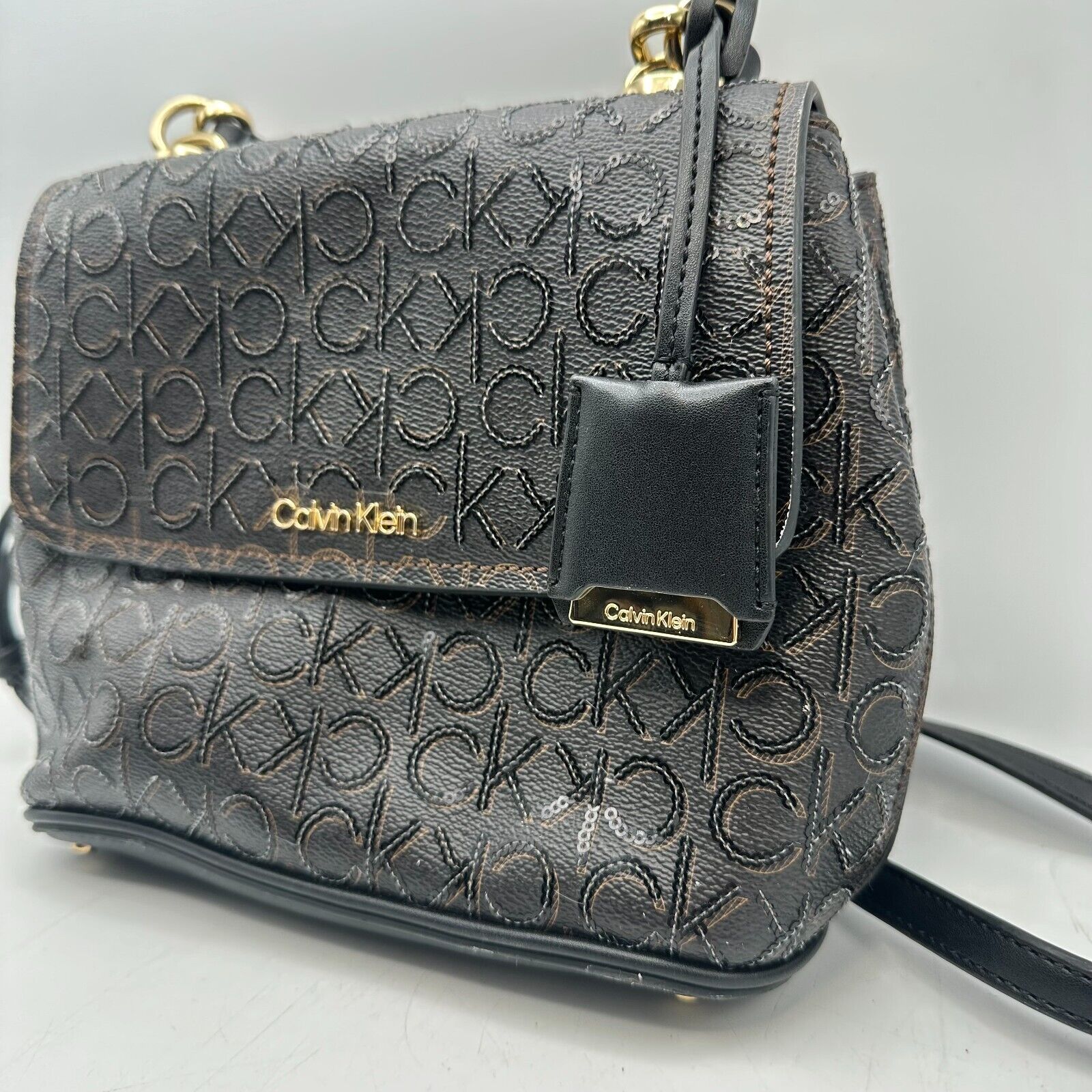 Calvin Klein Faux Leather Monogram Pattern Detachable Strap Black Crossbody Bag