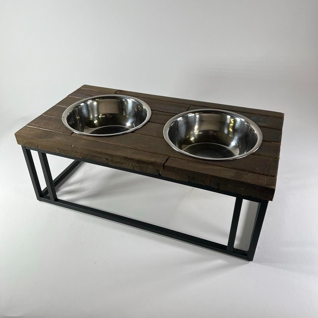 Pet Dog Cat Food Water Bowl Elevated Double Dish Holder Wood Top Metal Stainless