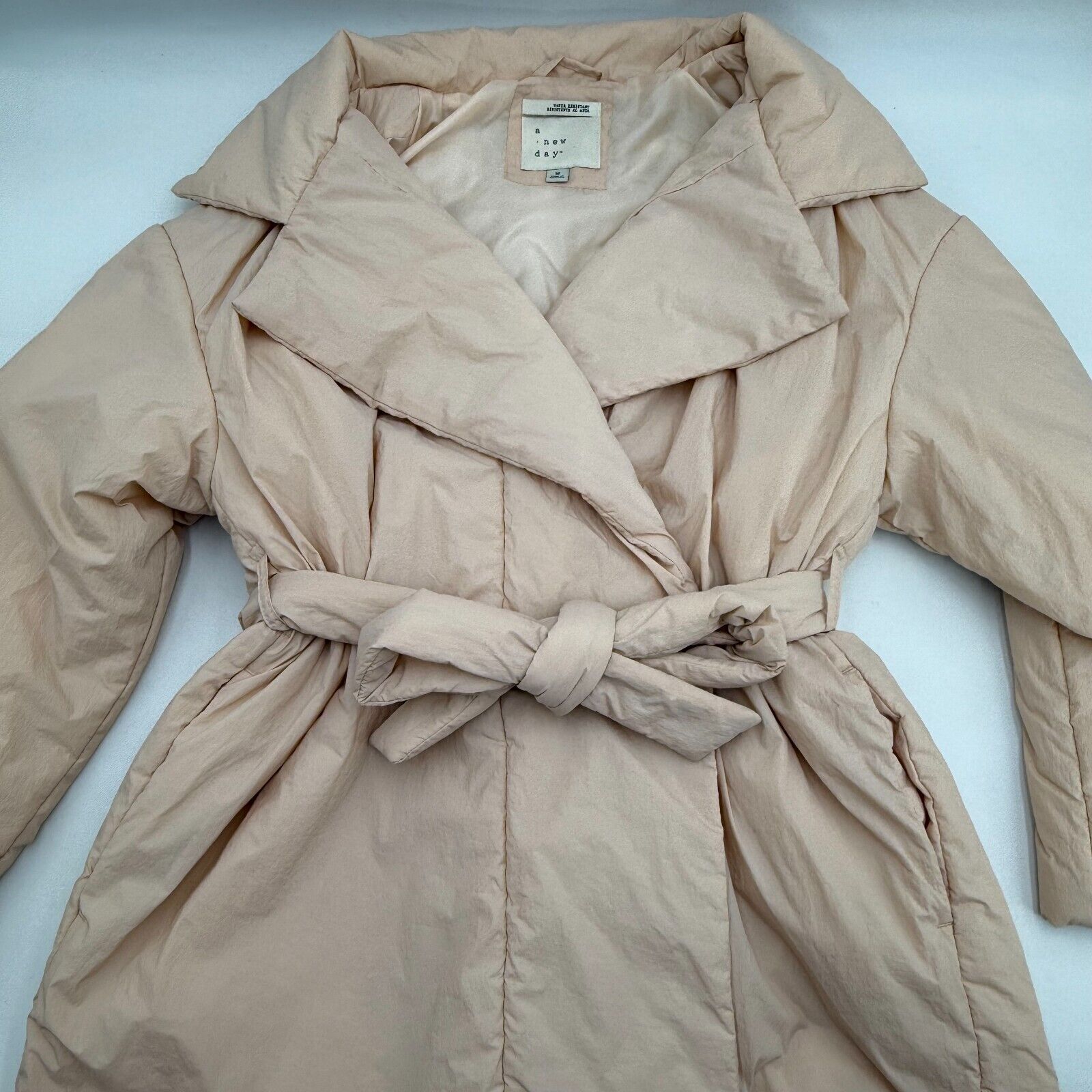 A New Day Womens Water Resistant Puffy Wrap Tie Overcoat Cream Blush Peach Sz M