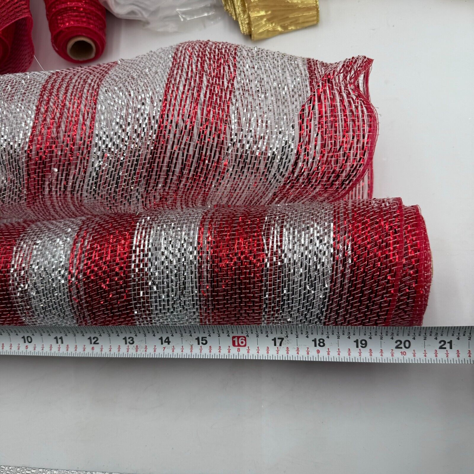 Lot of Christmas Holiday Fabric Ribbon Table Cloth Gold Red Silver Glitter Snow