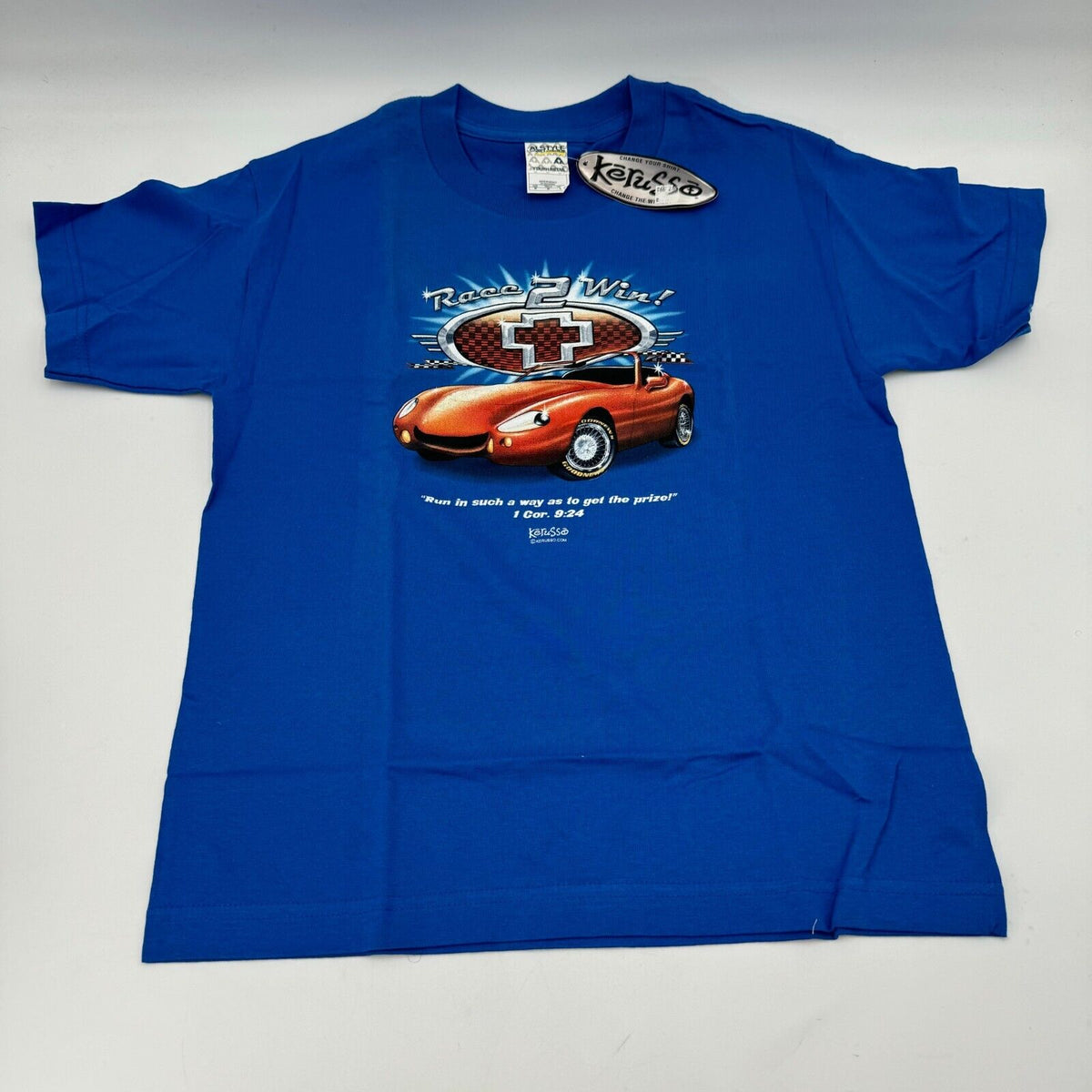 Kerusso Blue Orange Race Car 1 Corinthians Christian T-Shirt Youth Size M NWT