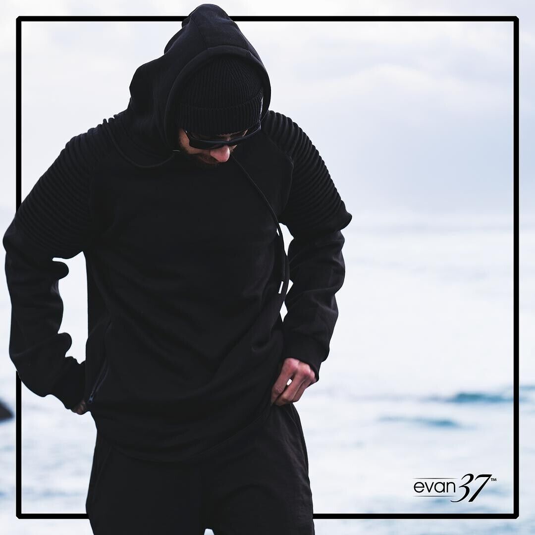 evan37 Warrior Thick Black Sweep Cut Hem Pleated Detailing Sleeves Hoodie Size L