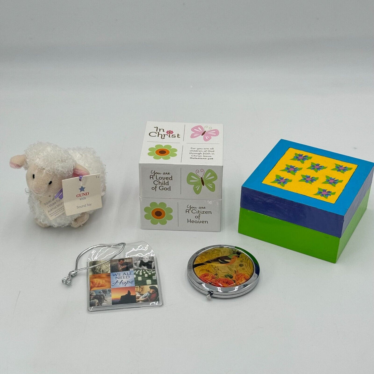 Cute 5 Piece Christian Gift Set Kids Lamb Wood Box 30 Bible Verse Cards New