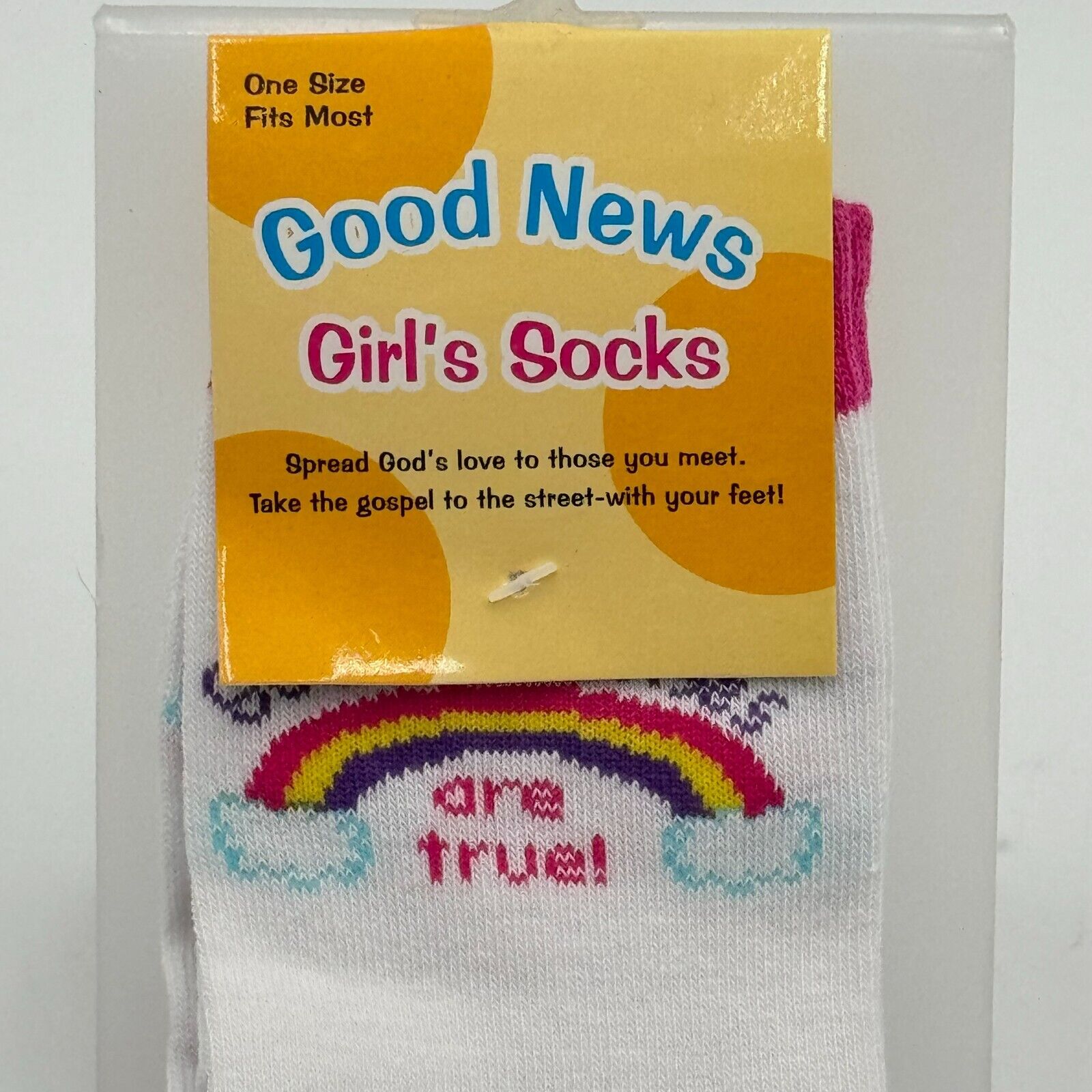 2 Pairs Good News Girls Socks One Size Fits Most Kids God’s Promise Rainbow New