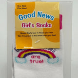 2 Pairs Good News Girls Socks One Size Fits Most Kids God’s Promise Rainbow New