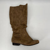 Leather Suede Boots Brown Mid Calf Ankle Buckle Side Zip Black Sole Womens Size
