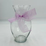 Clear Round Glass Flower Vase With Purple Tied Ribbon 9" Size Tall