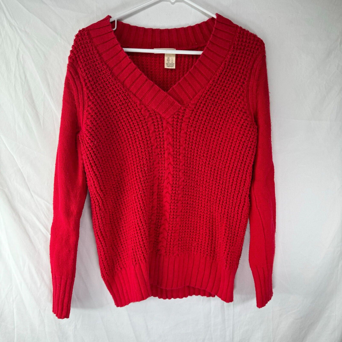 DKNY Sweater Red Pullover V-neck Ribbed Edges Cord Knitted Women’s Size Large US