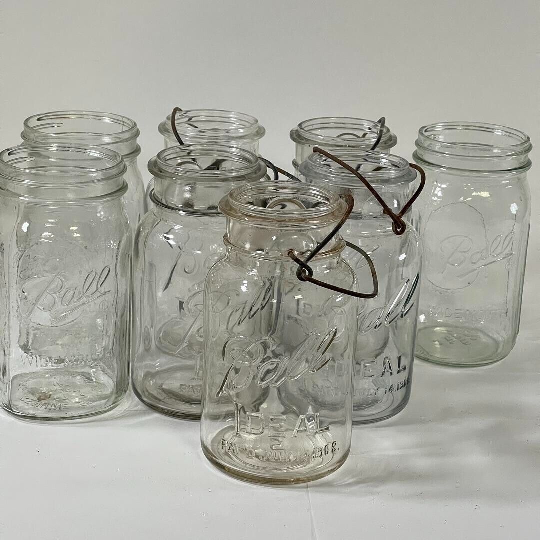 Lot of 9 Ball Ideal Clear Assorted Mason Jars Widemouth Ideal Designs - No Lids