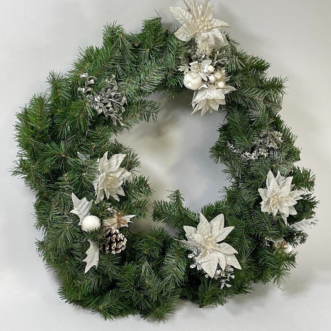 Beautiful 18” Holiday Wreath Green/White/Silver