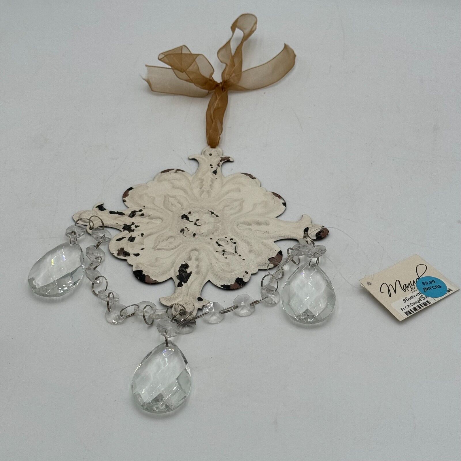 Lot of 3 FRENCH CHATEAU Dangle Ornament Geo White Cream Metal Crystal Christmas