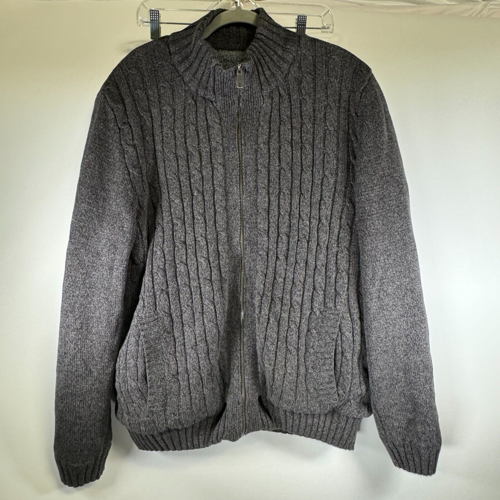 Boston Traders Cardigan Sweater Gray Cable Knit Fleece Lined Full Zip Mens XXL