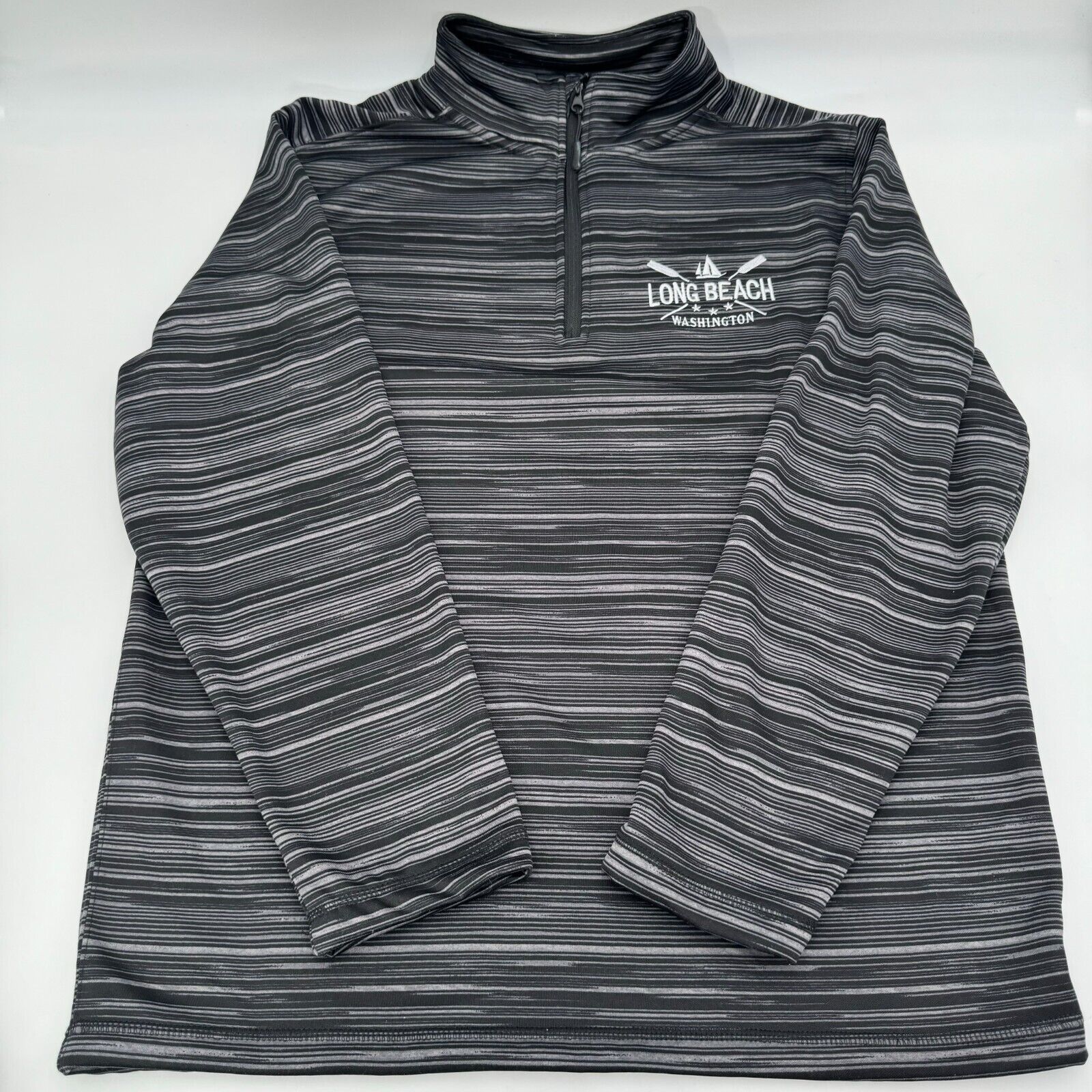 Basix Of America Quater Zip Pullover Jacket Striped Gray Long Beach WA Mens Size