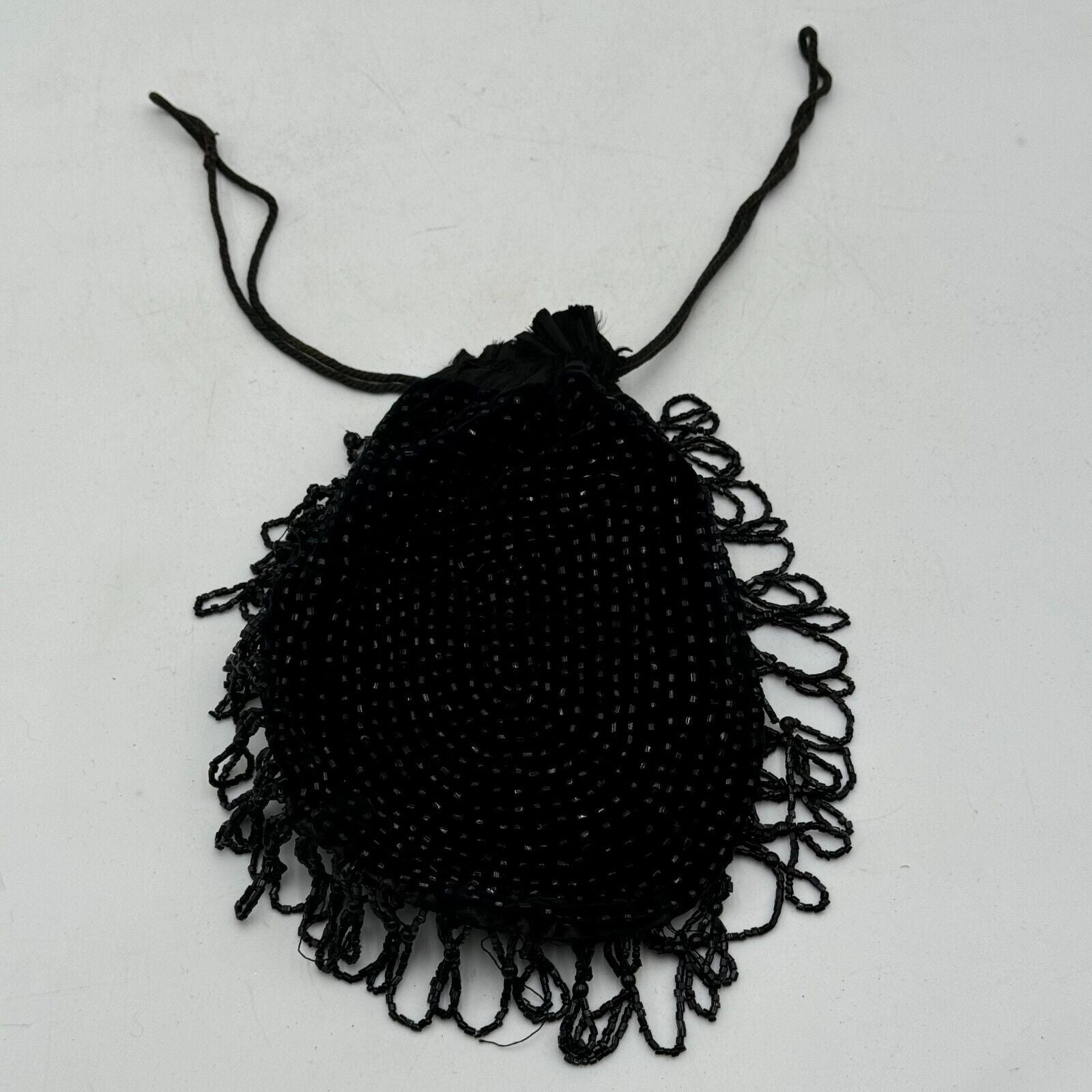 Lot of 2 Drawstring 9in Bags Purse Makeup Jewelry Black Beads Tassel Butterfly