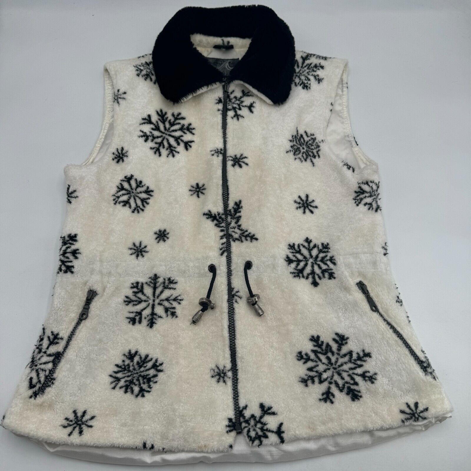 Tsunami Womens Fleece Collared Vest Pockets White Black Snowflake Pattern Size M