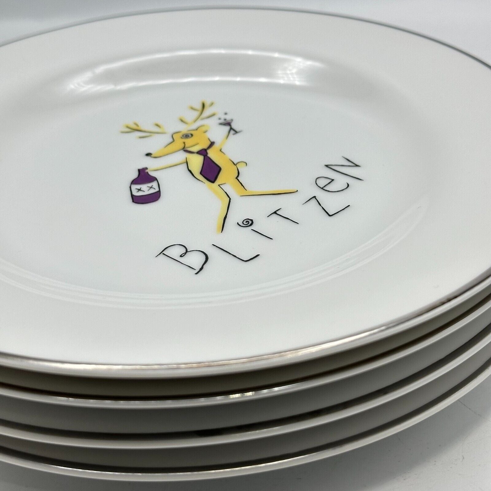 4 Pottery Barn Christmas Reindeer Dessert 8.5" Plates Comet Cupid Donner Blitzen