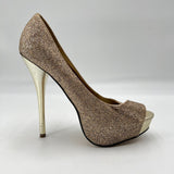 D brand Heart Gold Glitter Open Toe Pumps 5.5 inch Stiletto Heel Womens Size 8