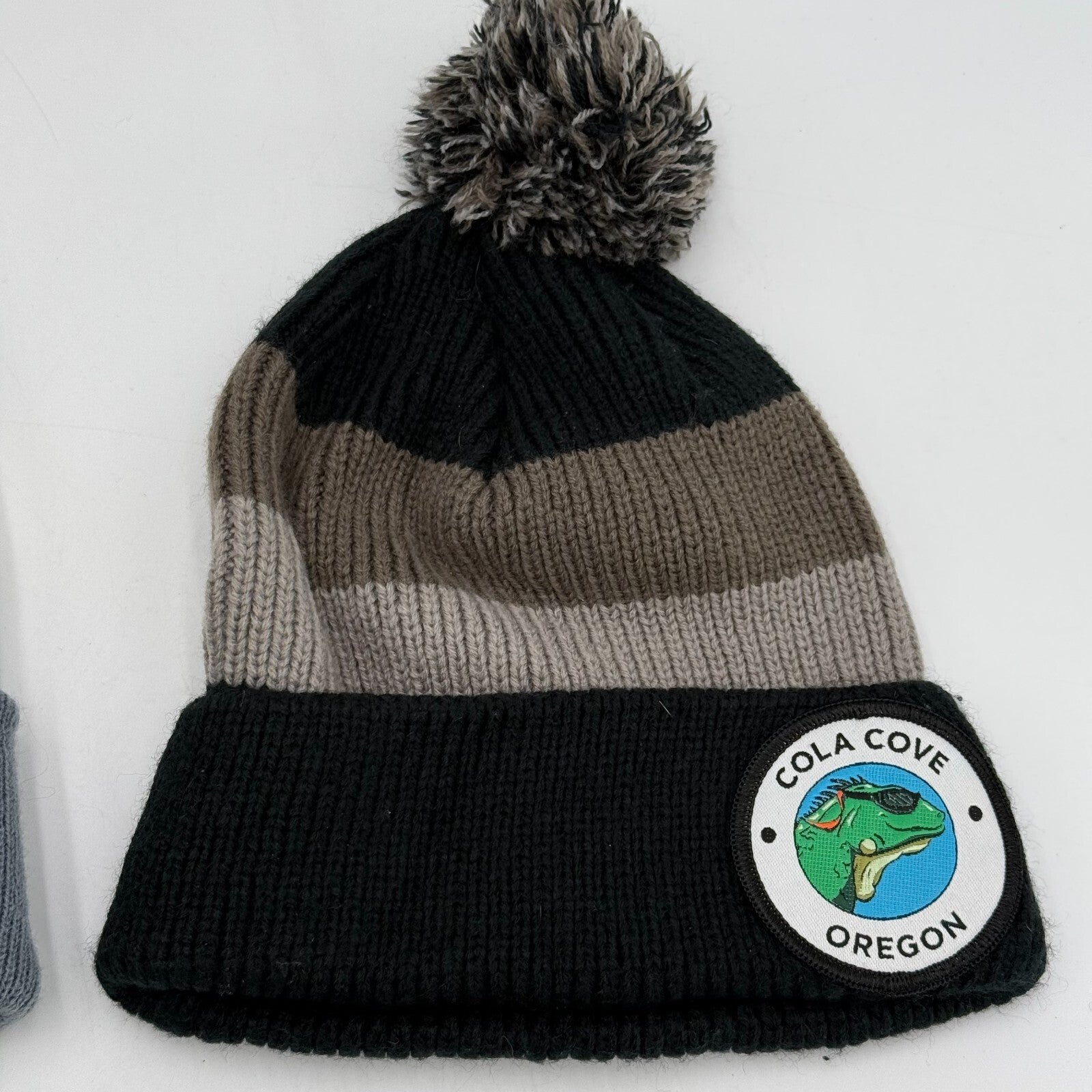 Pair Of Striped Beanie Hats Multicolor Winter Cap Puff Ball Lightweight Men OS