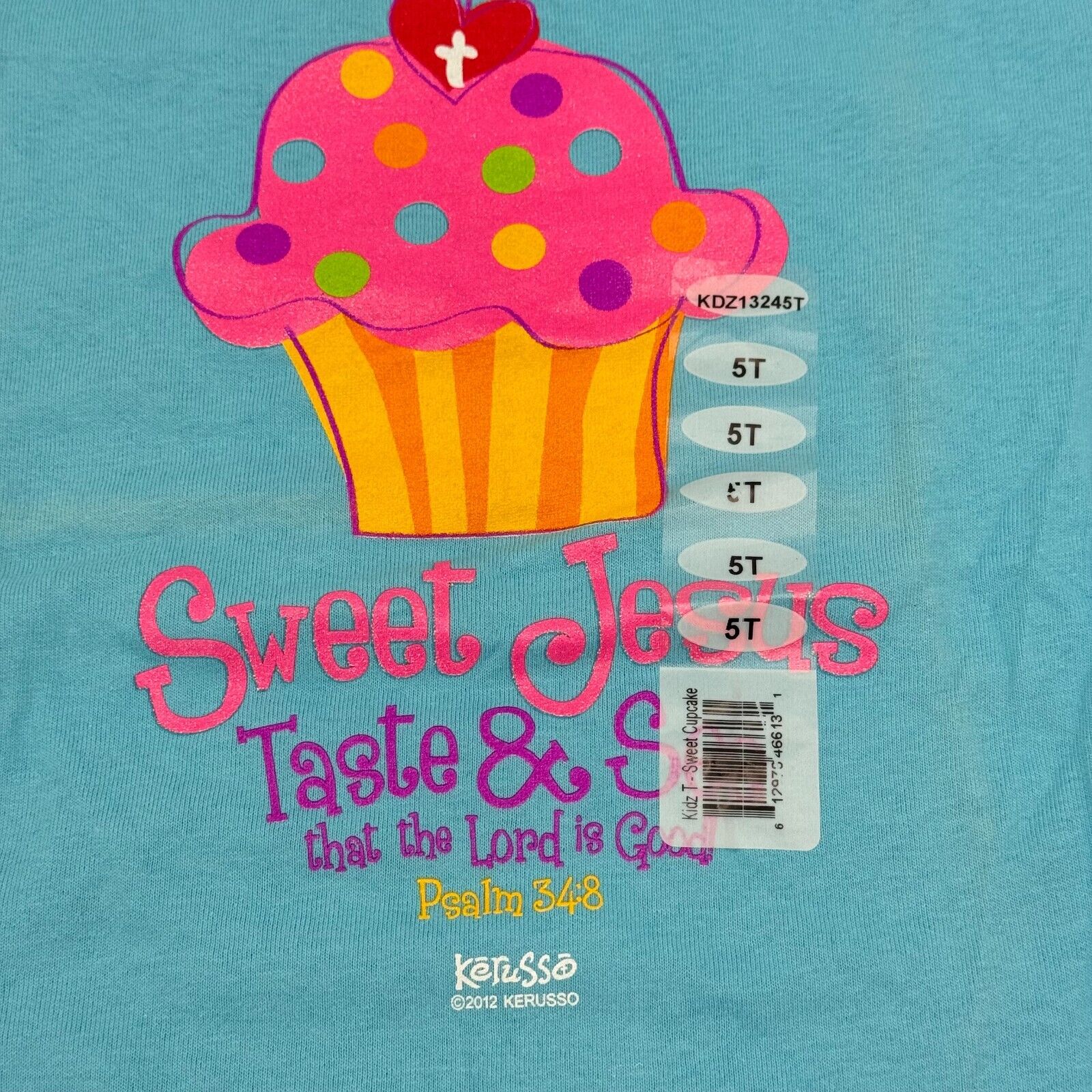 Kerusso Blue Cupcake Psalm 34,8 Jesus Christian Kids Toddler T-Shirt Size 5T NWT