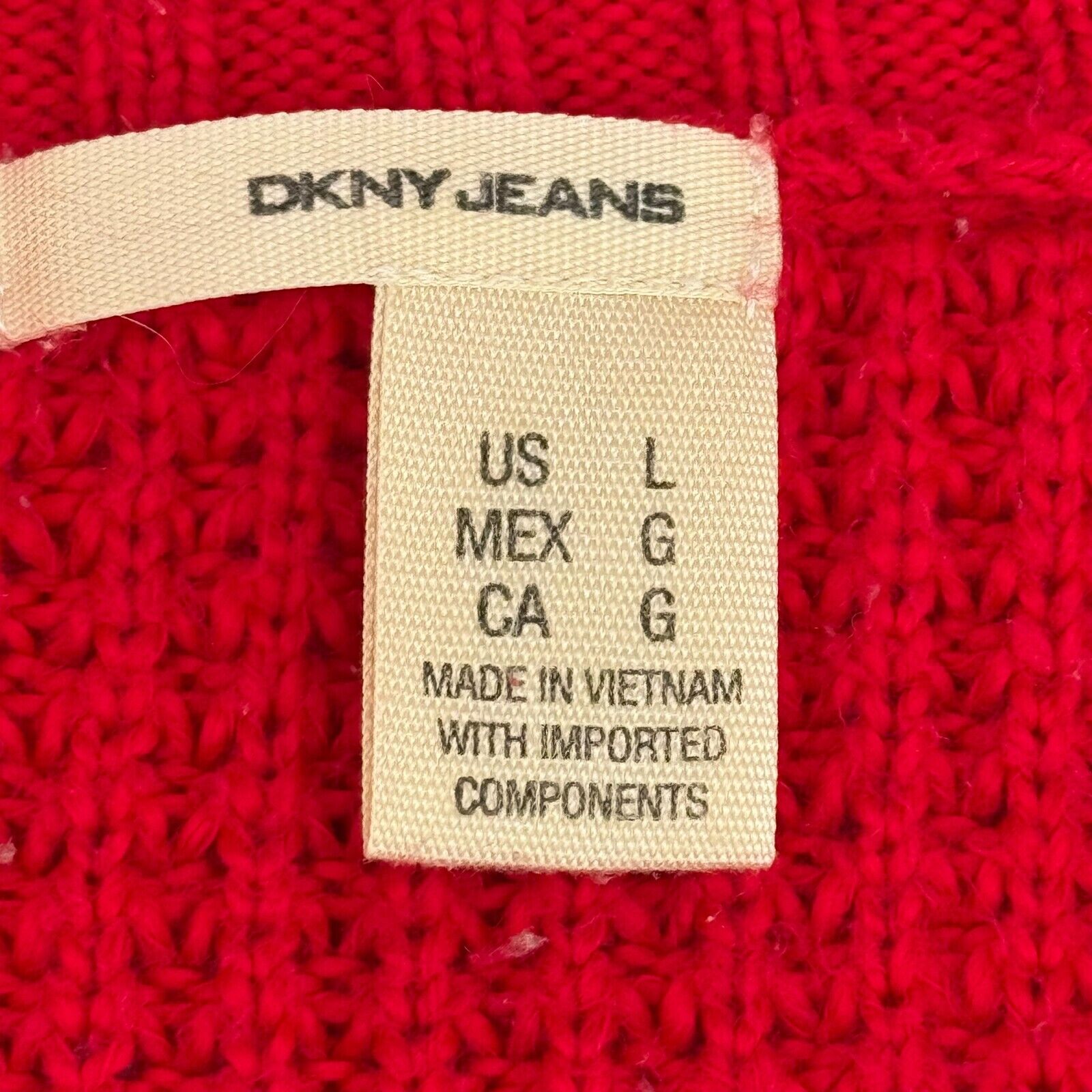 DKNY Sweater Red Pullover V-neck Ribbed Edges Cord Knitted Women’s Size Large US