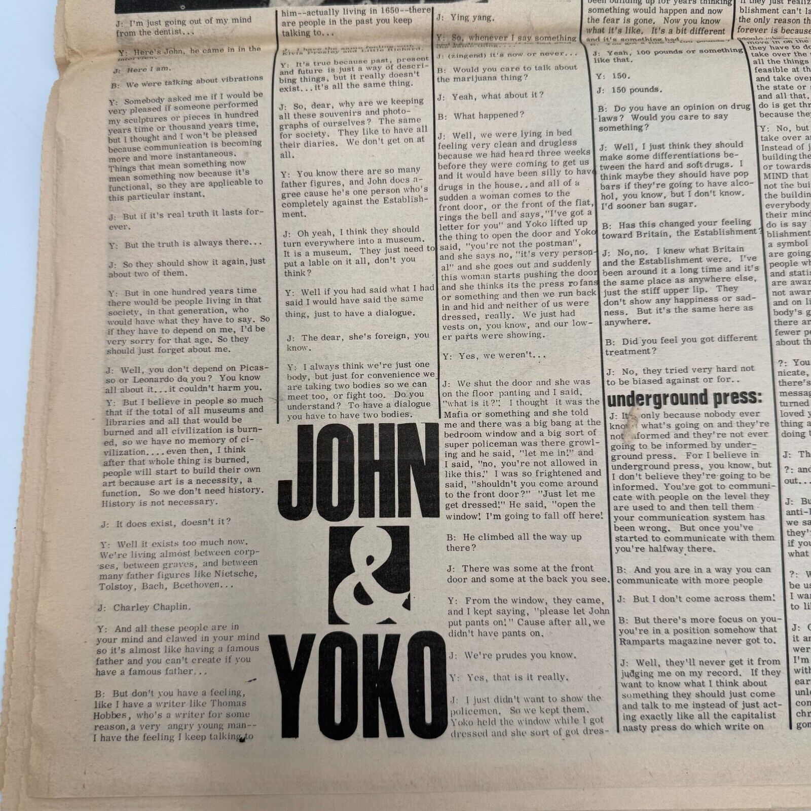 Berkeley Barb Issue 193 1969 John Lennon Yoko Interview Full Adult Newspaper