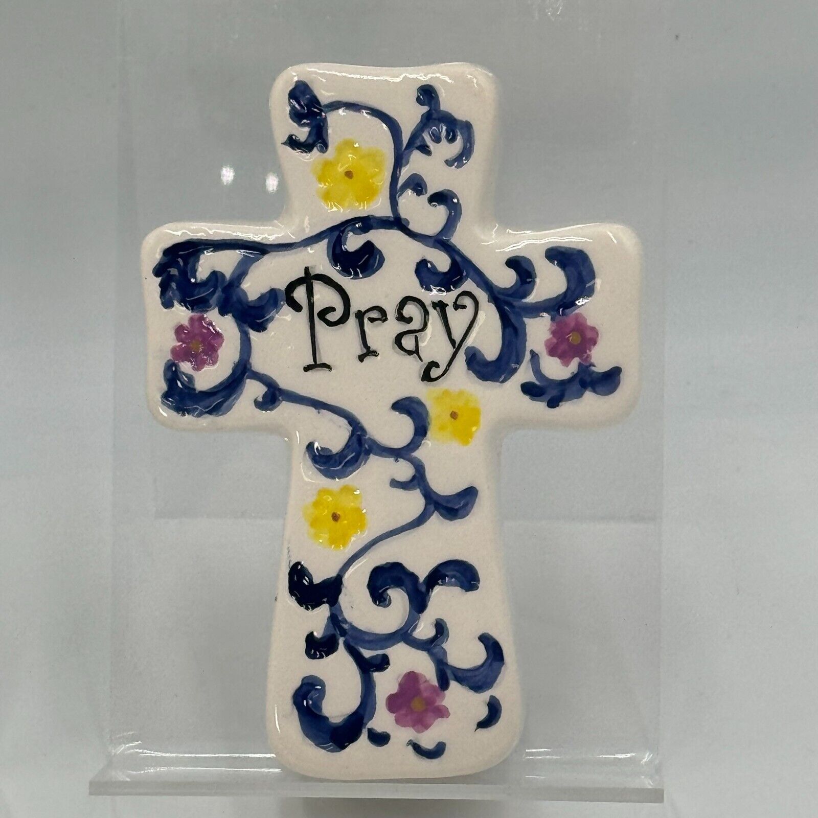 Set of 3 Ceramic Cross Wall Art Colorful Floral Blessings Love Pray Hanging 5in