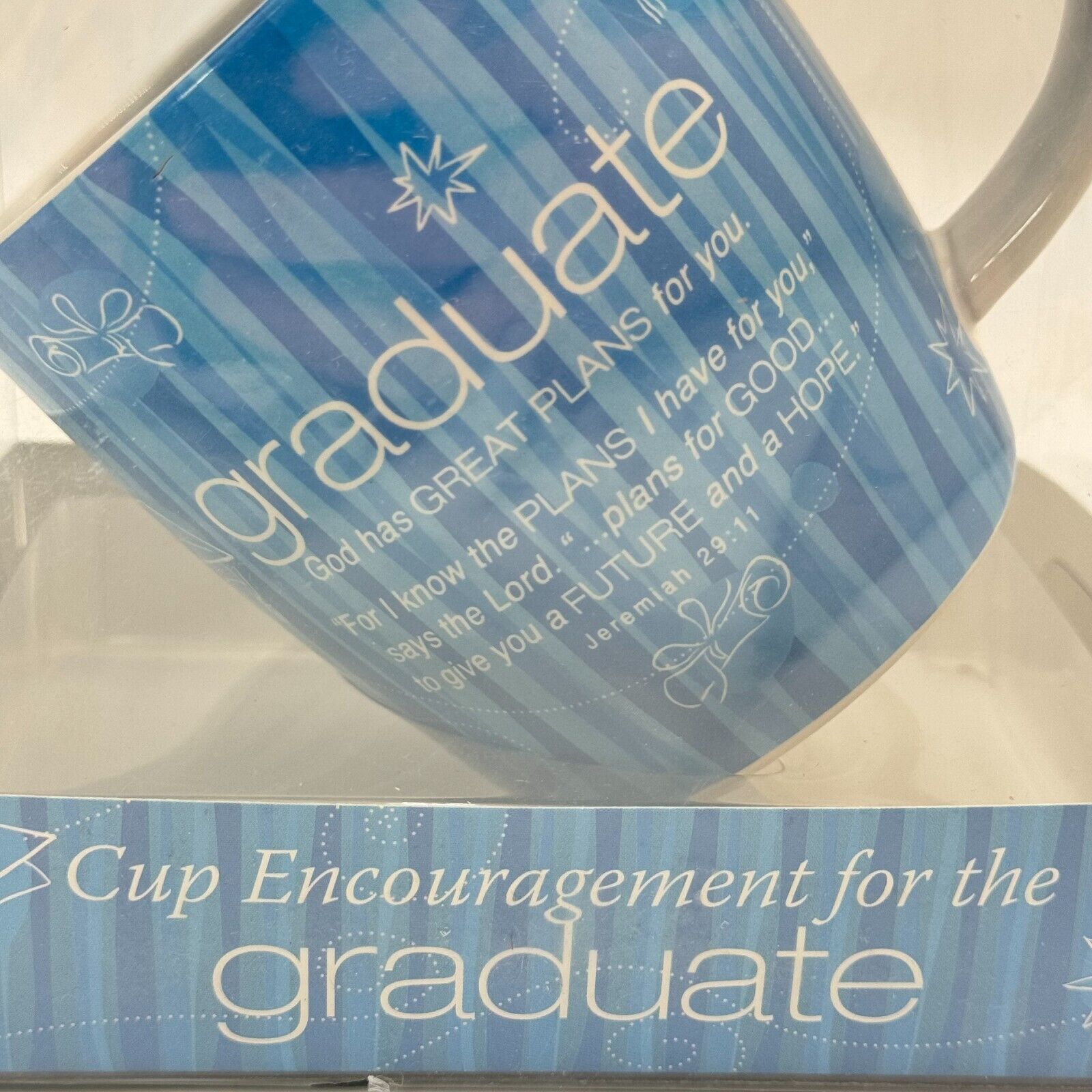 Ceramic Mug Graduation Gift Grad Uplifting Scripture Cards Cup Blue NIB