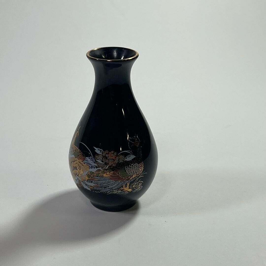 Vintage Small Black Peacock in Flowers miniature Vase w/Gold Rim from Taiwan