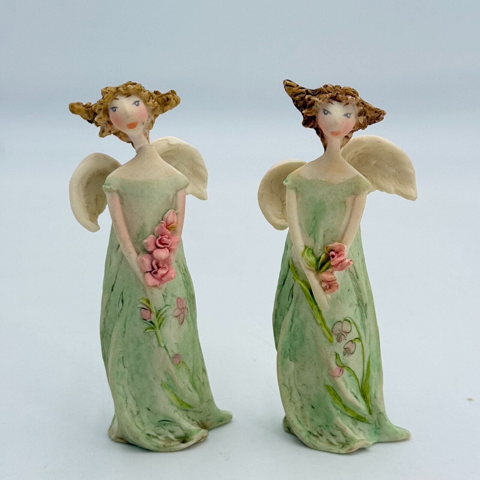 Pair of Angel Figurines 4in Ceramic Stutues Green Dress Pink Flowers Spring