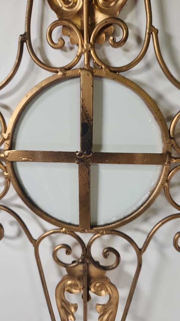 Intricate Decorative Gold Pleated Metal Cross Centered W/ Round Bejeweled Mirror