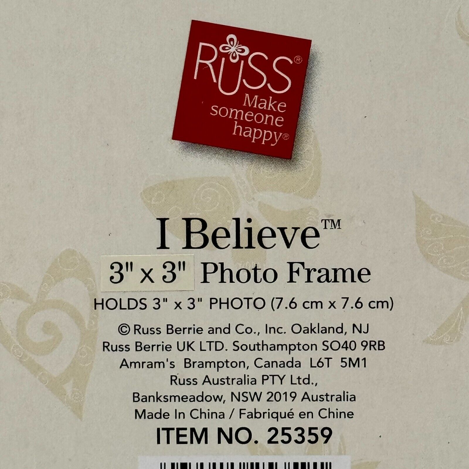 Russ I Believe Sentiments 3x3in Classic Round Ceramic Photo Frame NEW IN BOX