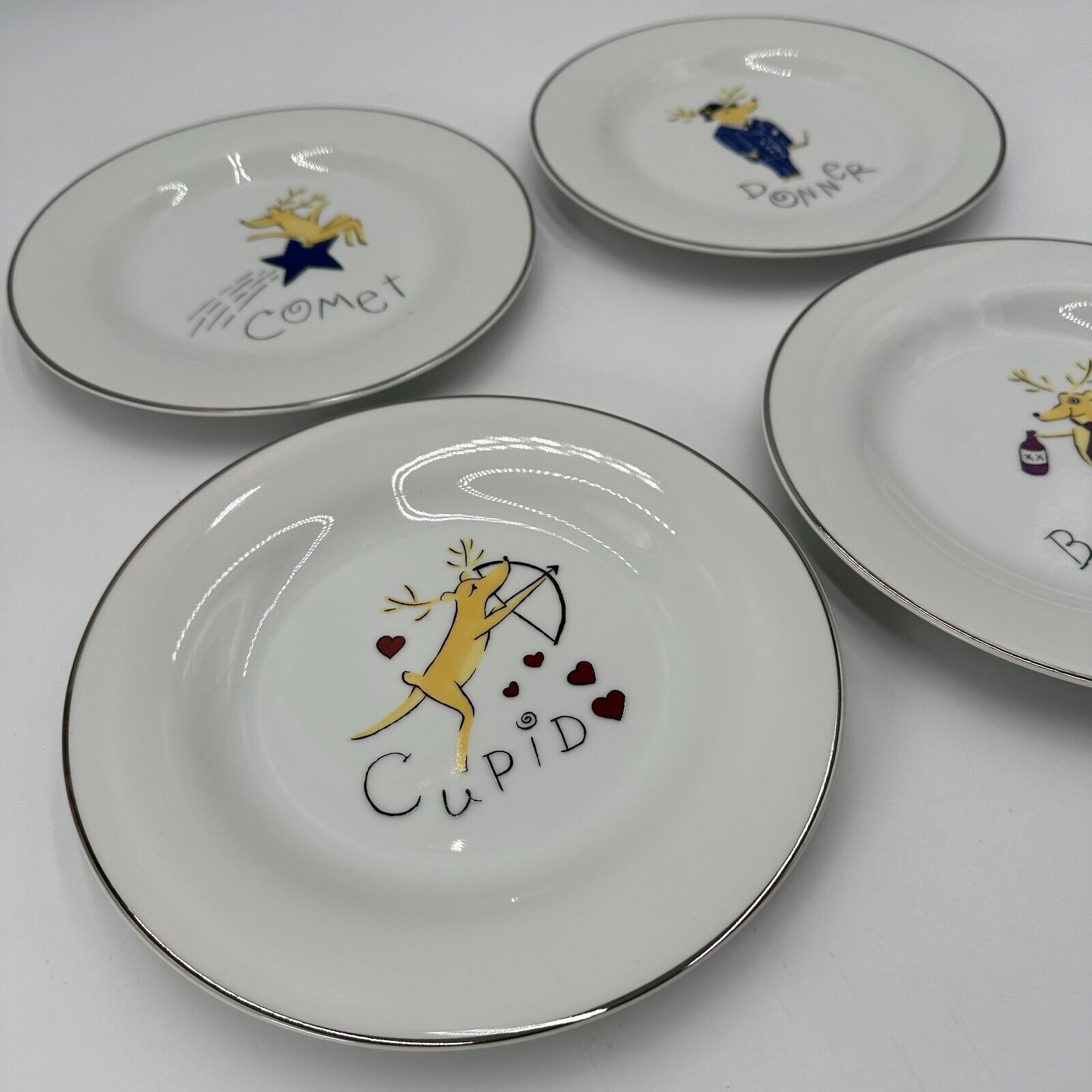 4 Pottery Barn Christmas Reindeer Dessert 8.5" Plates Comet Cupid Donner Blitzen