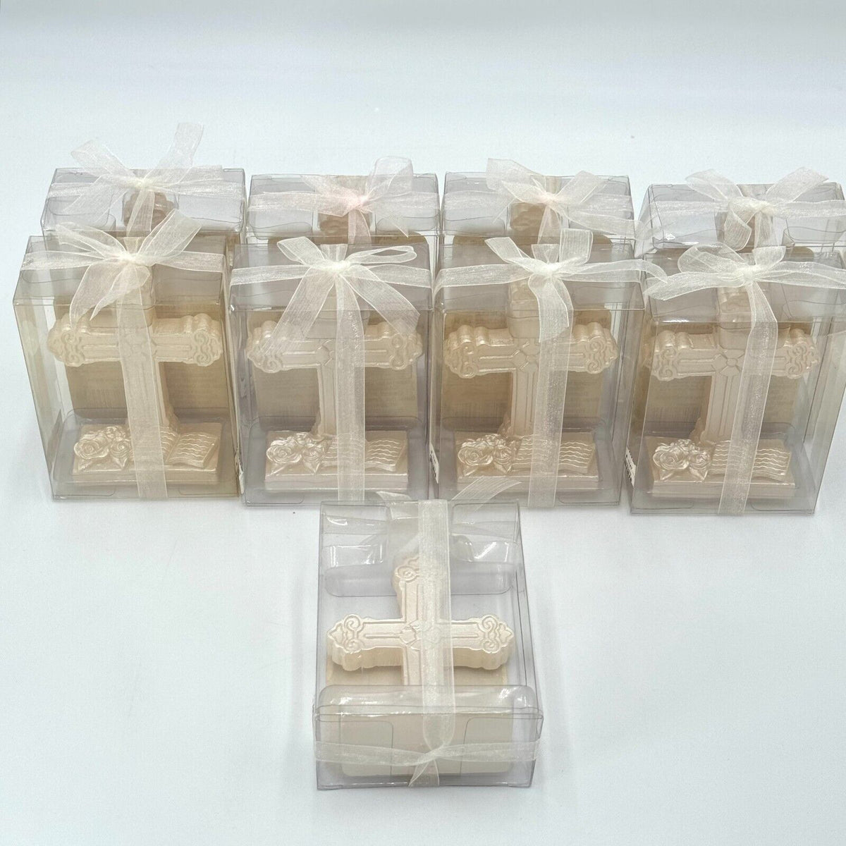 Lot of 9 Cross Shaped Freestanding Candle Almond Scent Cream Tied W/ Ribbon NEW